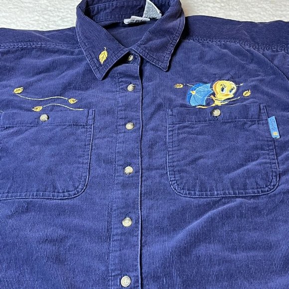 Vintage Looney Tunes Tweety Bird Long Sleeve Corduroy Button Shirt Blue Sz XL - Picture 2 of 8